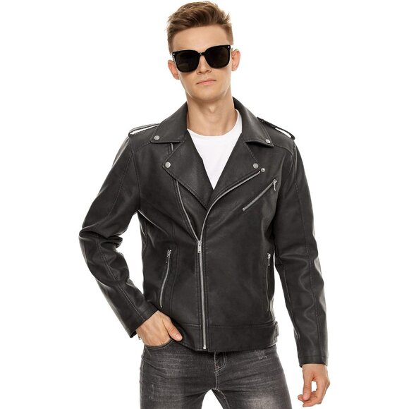 Men Black Faux Leather Biker Jacket Slim Fit Motorcycle Bomber Zip Up Coat - Picture 3 of 6